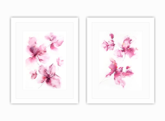 Pink watercolor floral paintings set