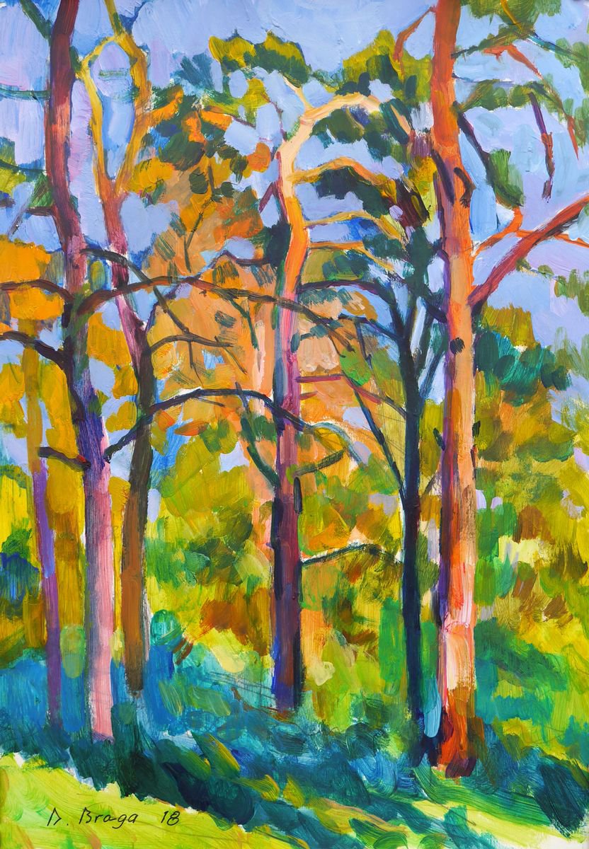 Impressionistic Landscape Acrylic Painting By Dima Braga, 14 X 20, Plein Air 17-10-2018 (Autumn Park), Original Artwork