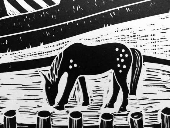 Linocut. Out in the Field.