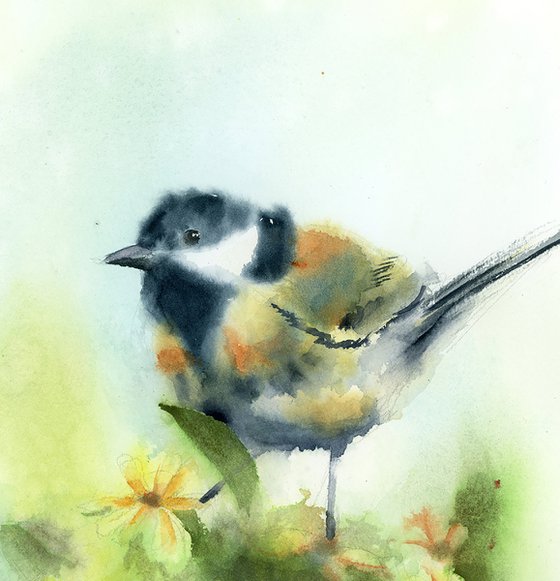 Great tit with flowers