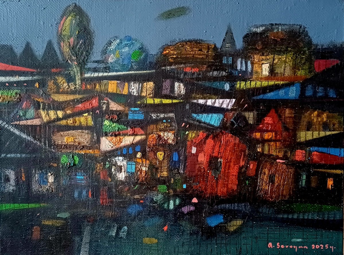 Abstract Landscape Oil Painting By Aram Sevoyan, 16 X 12, The Village In The Evening, Original Artwork