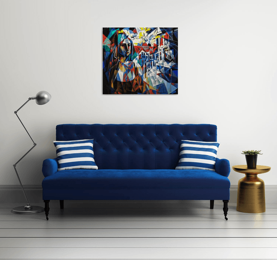 Waiting (90x80cm, cubism, oil painting, ready to hang)