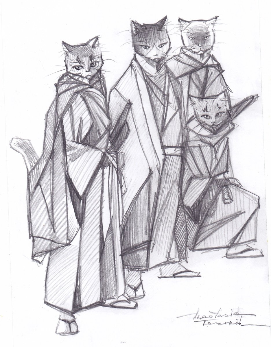 Illustrative Animal Pencil Drawing By Anastasia Terskih, 6 X 8, Samurai Cats, Original Artwork