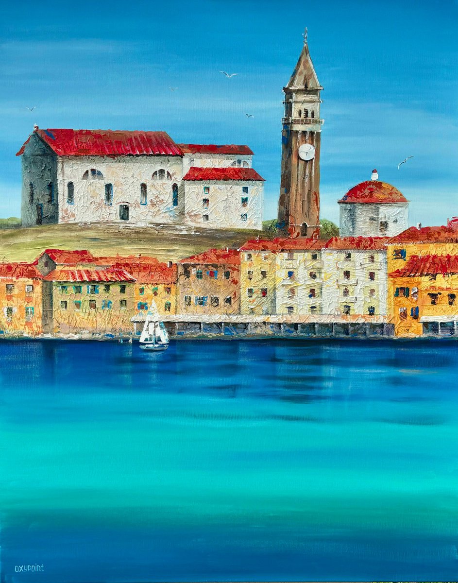 Impressionistic Landscape Painting By Oxypoint, 31 X 39", "Piran", Original Artwork