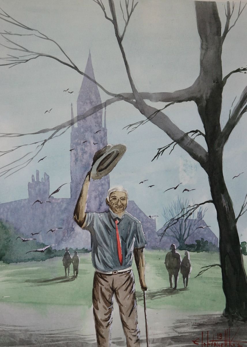 Impressionistic Landscape Watercolour By Eugene Gorbachenko, 12 X 17, Grandfather On A Walk, Original Artwork