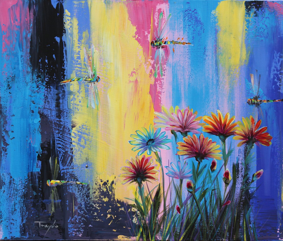 Expressive Botanical Acrylic Painting By Trayko Popov, 24 X 20", Dragonfly | Flowers | Garden, Original Artwork
