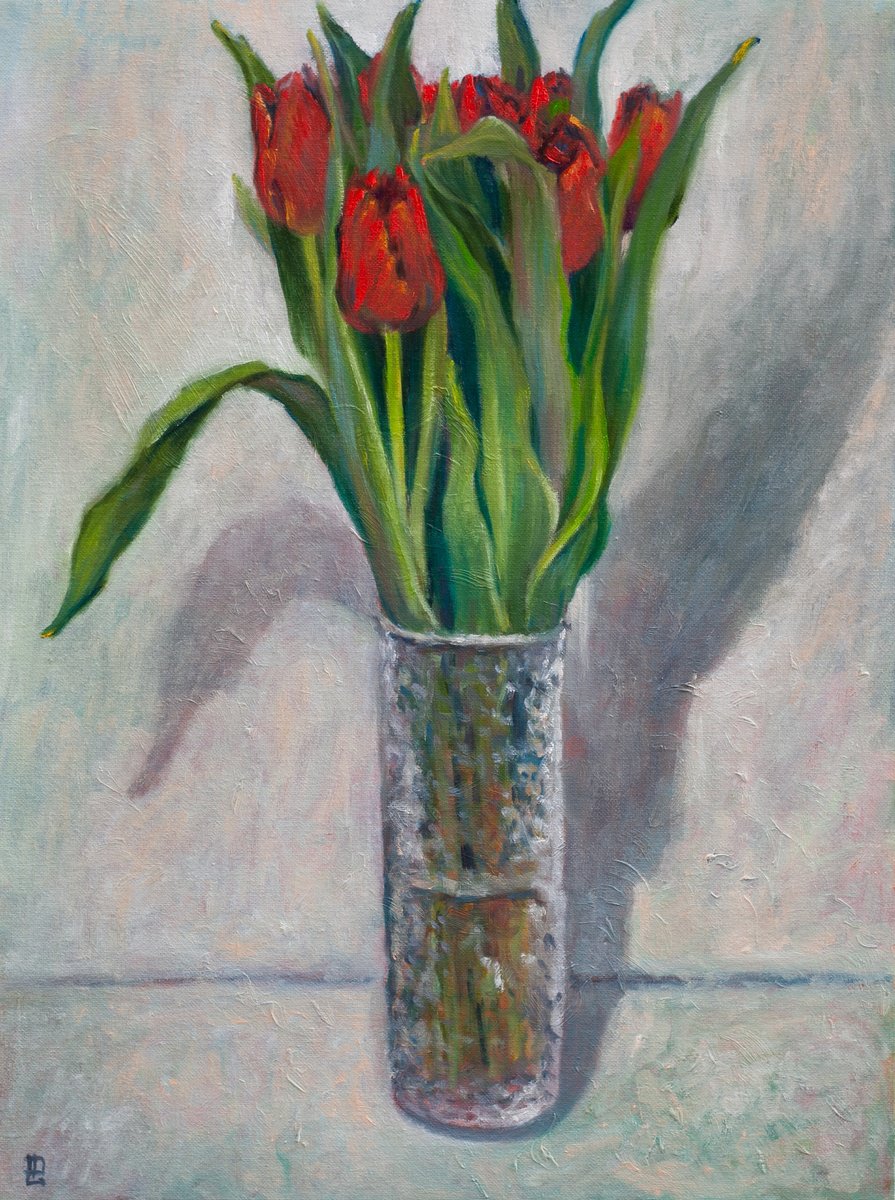 Impressionistic Botanical Oil Painting By Liudmila Pisliakova, 14 X 19", Tulips Framed, Original Artwork