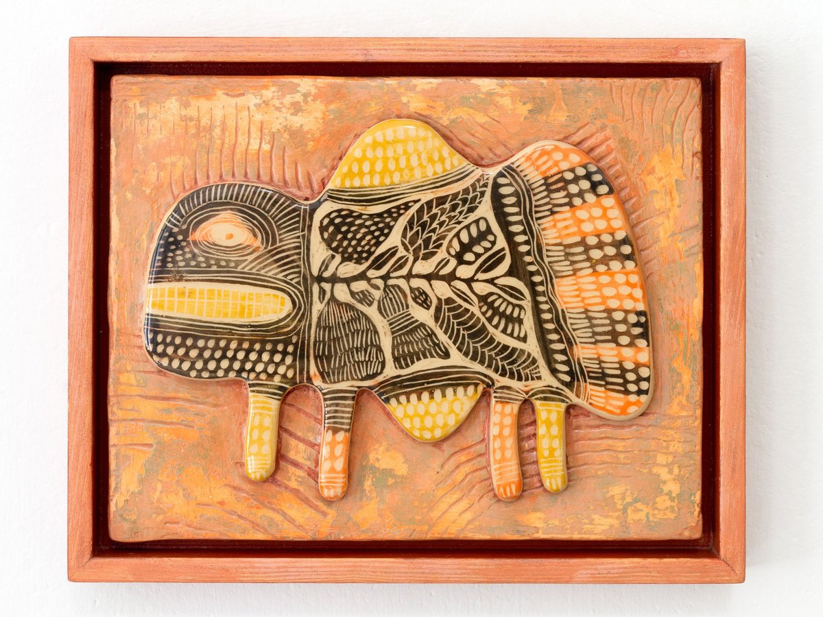 Naive Animal Sculpture By Yuliia Dunaieva, 11 X 9", Ceramic Panel "Beast" 27 X 22 X 3 Cm, Original Artwork
