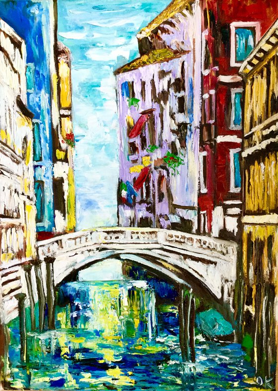 VENICE CANAL BRIDGE. PALETTE KNIFE OIL PAINTING. OFFICE URBAN WALL ART