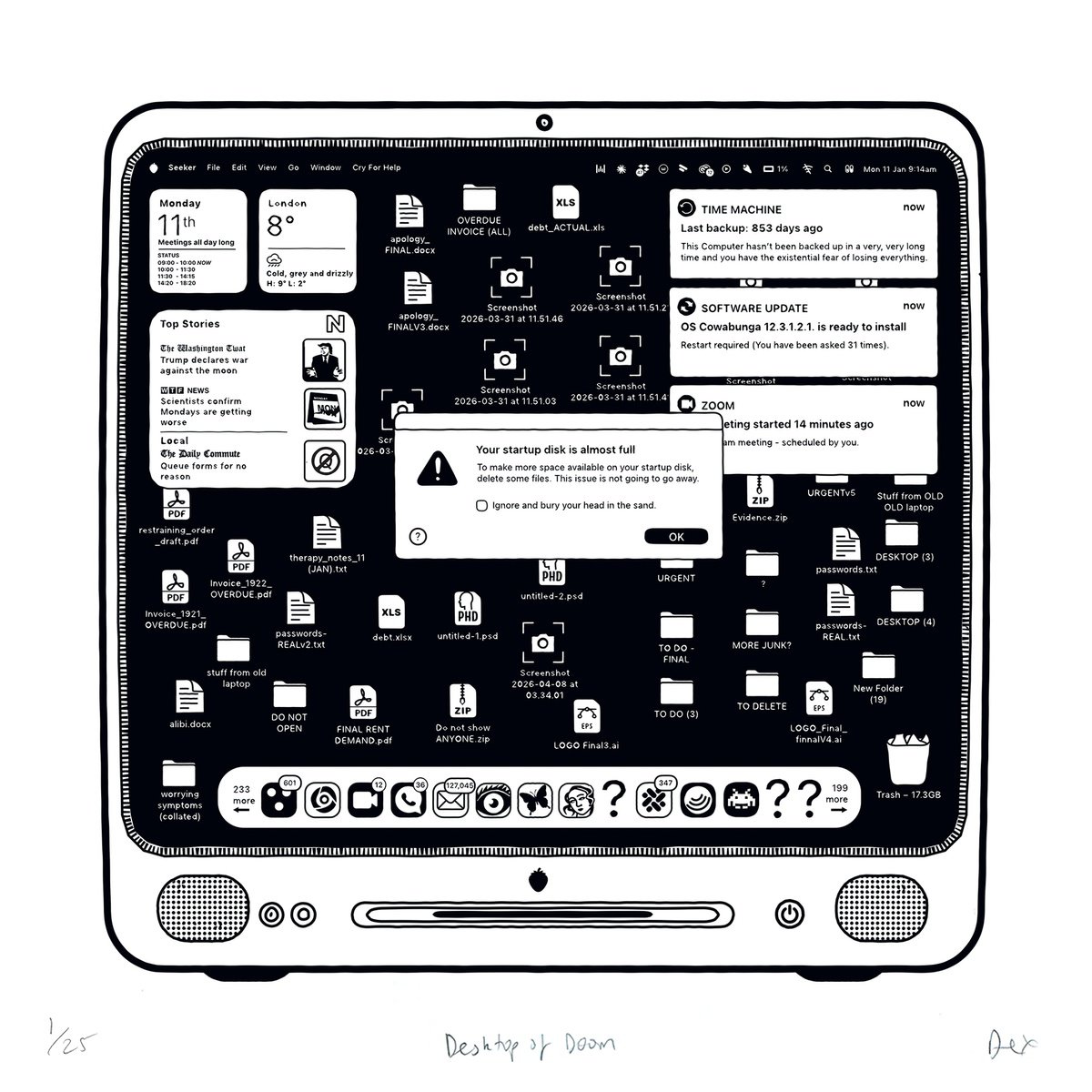 Typographic Giclee Print , Desktop Of Doom By Dex, 16 X 16, Artwork For Sale On Artfinder