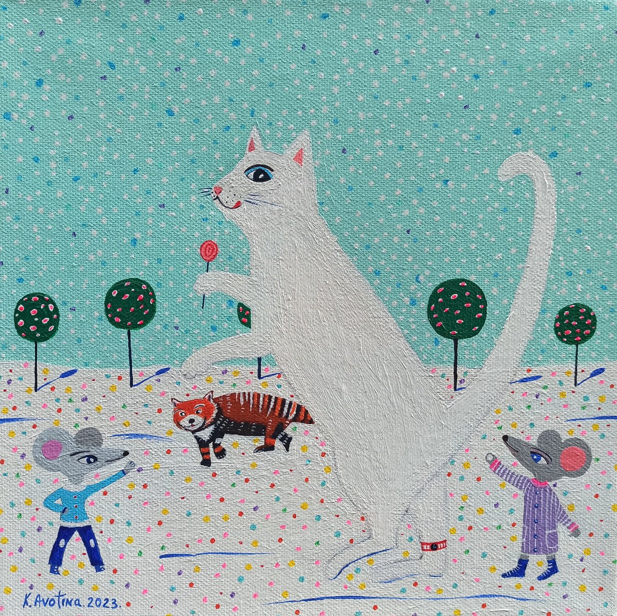 Impressionistic Animal Acrylic Painting By Katrina Avotina, 8 X 8", A Gift Of Love, Original Artwork