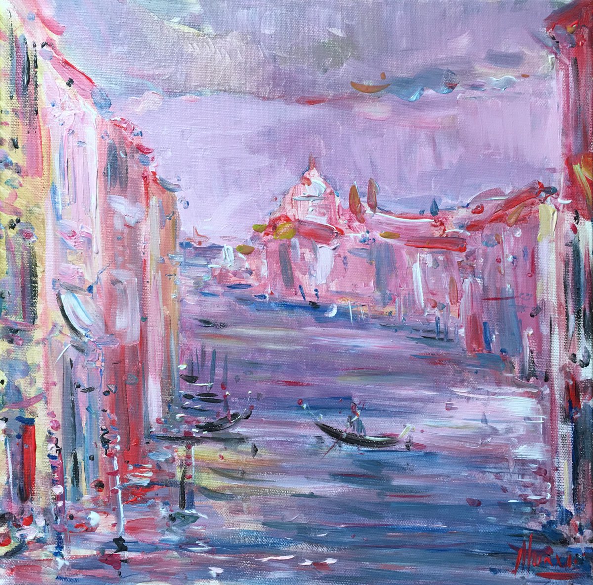 Impressionistic Landscape Acrylic Painting By Altin Furxhi, 16 X 16, Venice Morning., Original Artwork