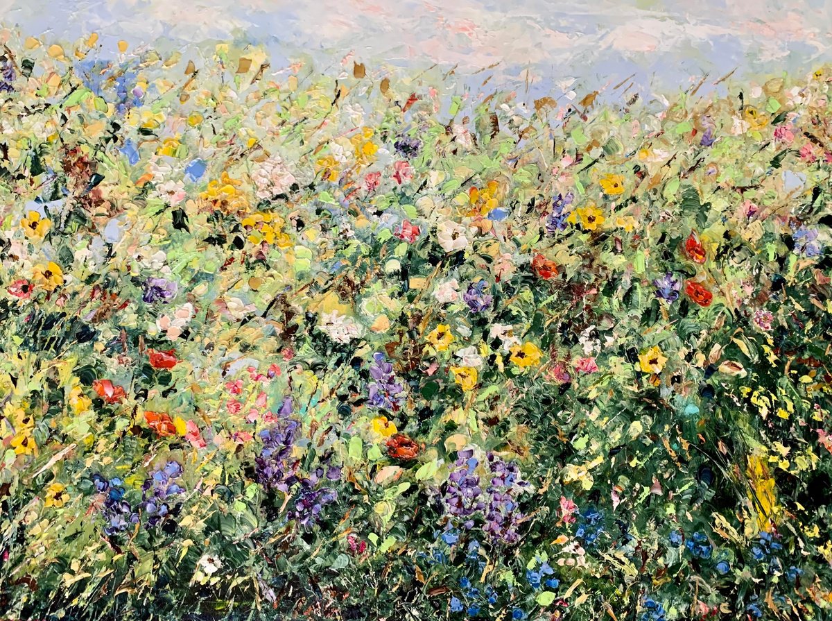 Abstract Botanical Oil Painting By Vilma Gataveckien?, 31 X 24", Field Of Flowers, Original Artwork