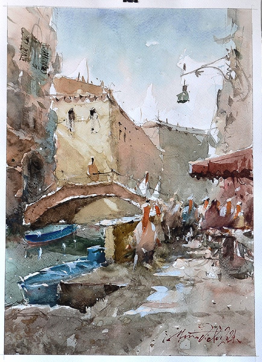 Impressionistic Cityscapes Watercolour By Marin Victor, 10 X 14", Narrow Streets Of Venice, Original Artwork
