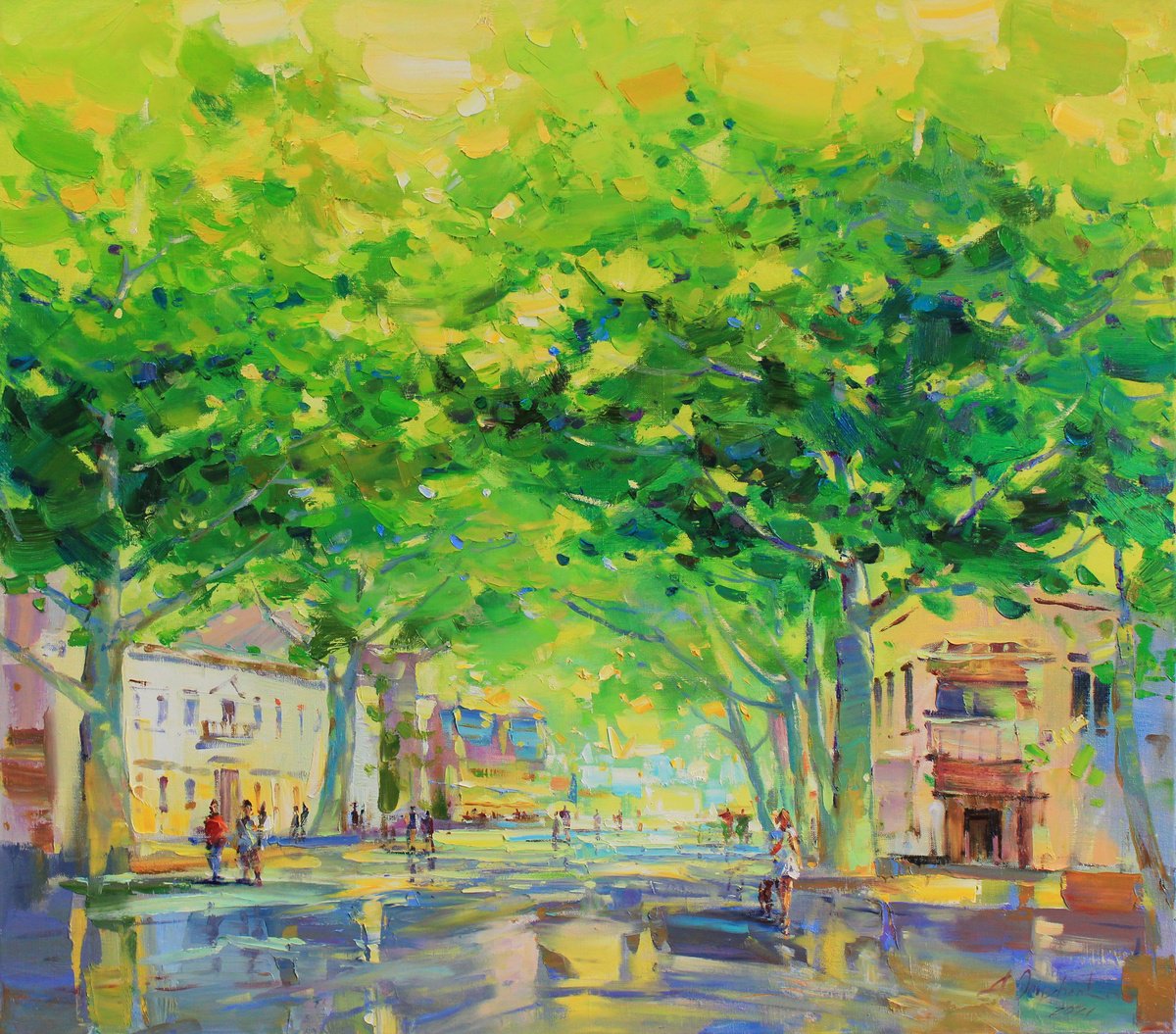 Impressionistic Cityscapes Oil Painting By Alisa Onipchenko-Cherniakovska, 35 X 31, In The Green Of Summer, Original Artwork