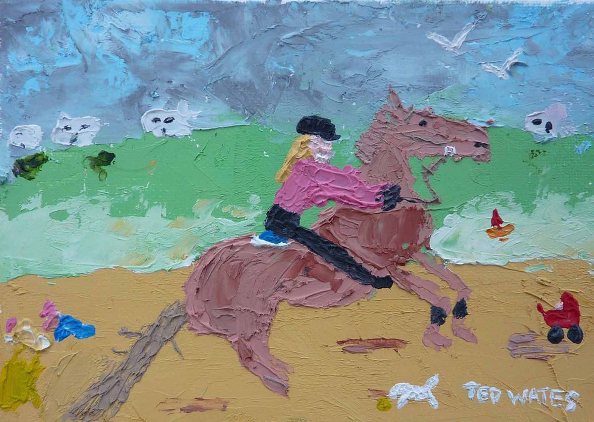 Naive Animal Oil Painting By Ted Wates, 7 X 5", Ride Like The Wind, Original Artwork