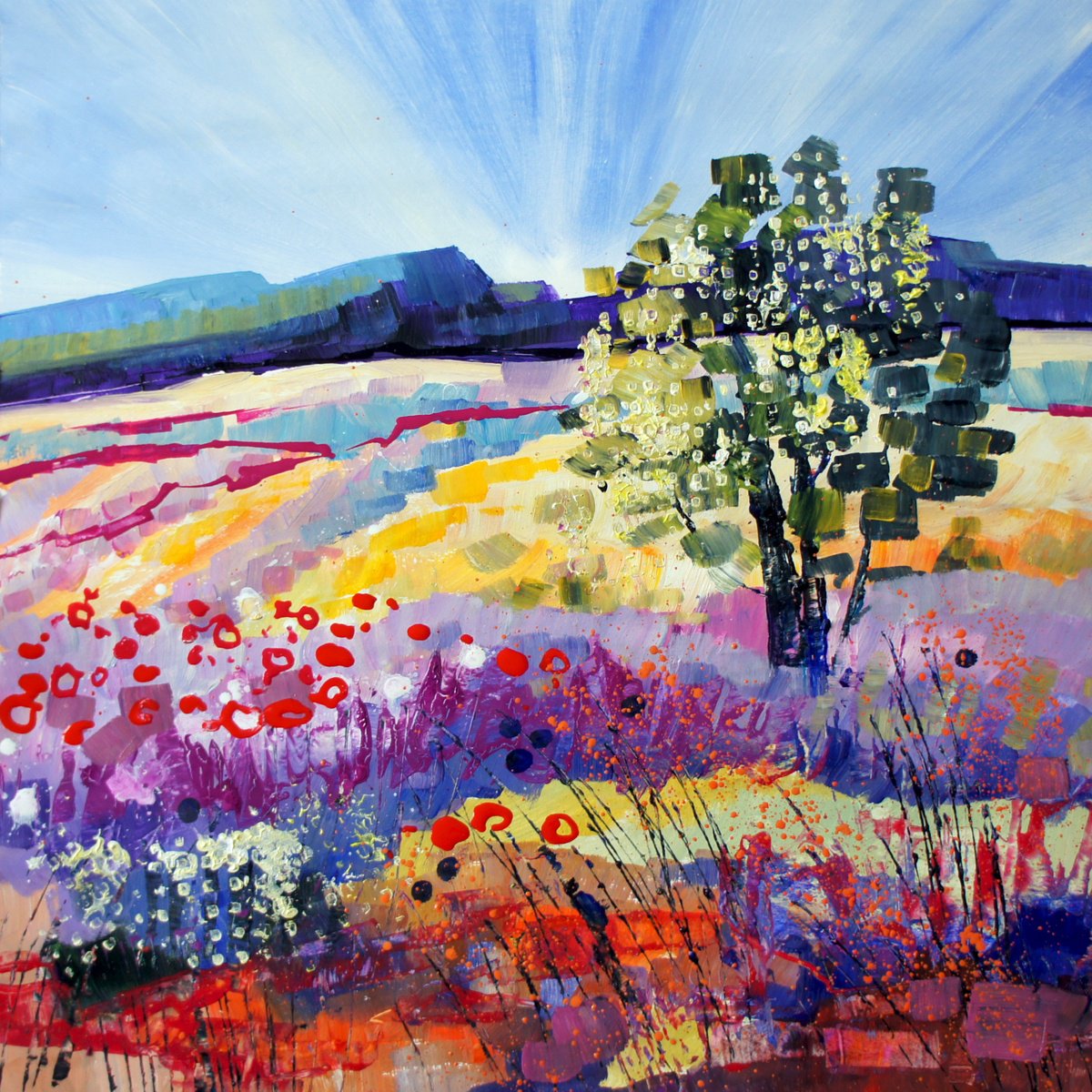 Impressionistic Landscape Acrylic Painting By Julia Rigby, 17 X 17", Hot Day, Original Artwork