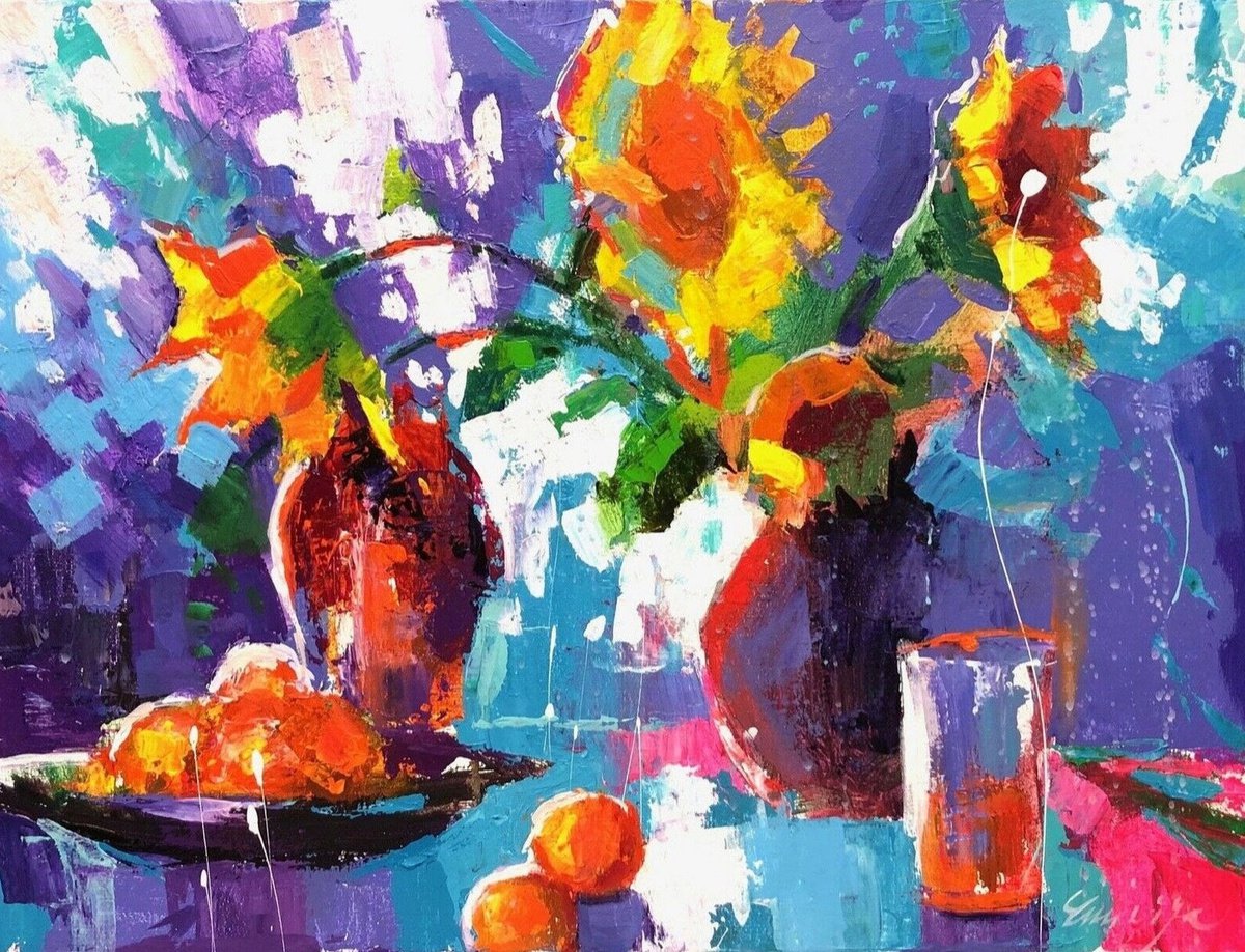 Original Sunflowers Oranges Acrylic Painting Floral Vibrant Still Life Expressionist Artwo... by Emiliya Lane