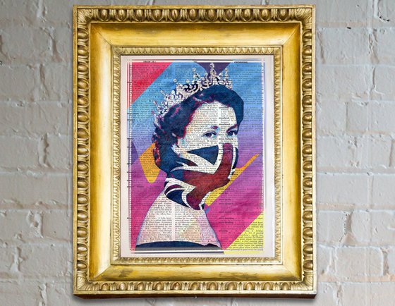 Queen Elizabeth II - The Union Jack Face Mask - Pop Art Collage Art on Large Real English Dictionary Vintage Book Page