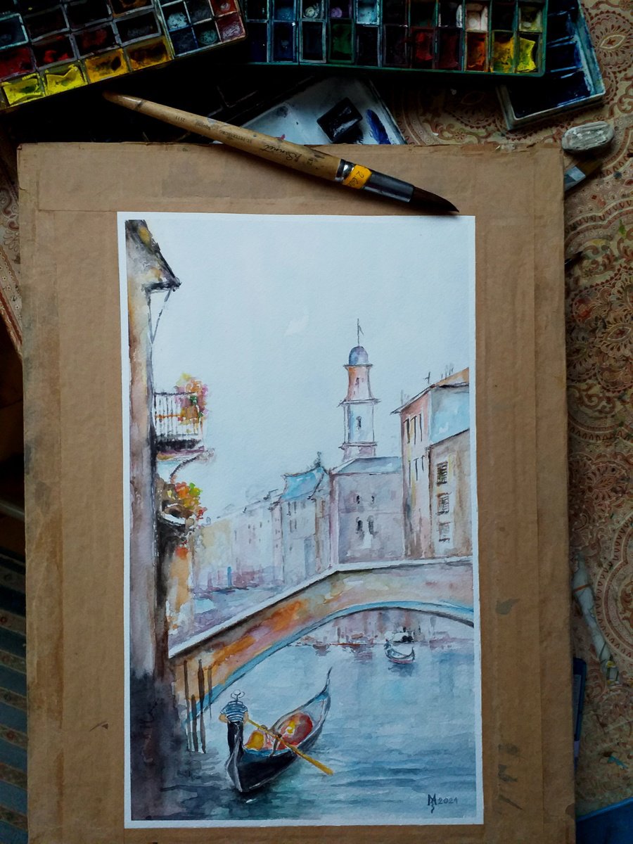 Impressionistic Cityscapes Watercolour By Zoran Mihajlovic Muza, 9 X 16", Venice, Original Artwork