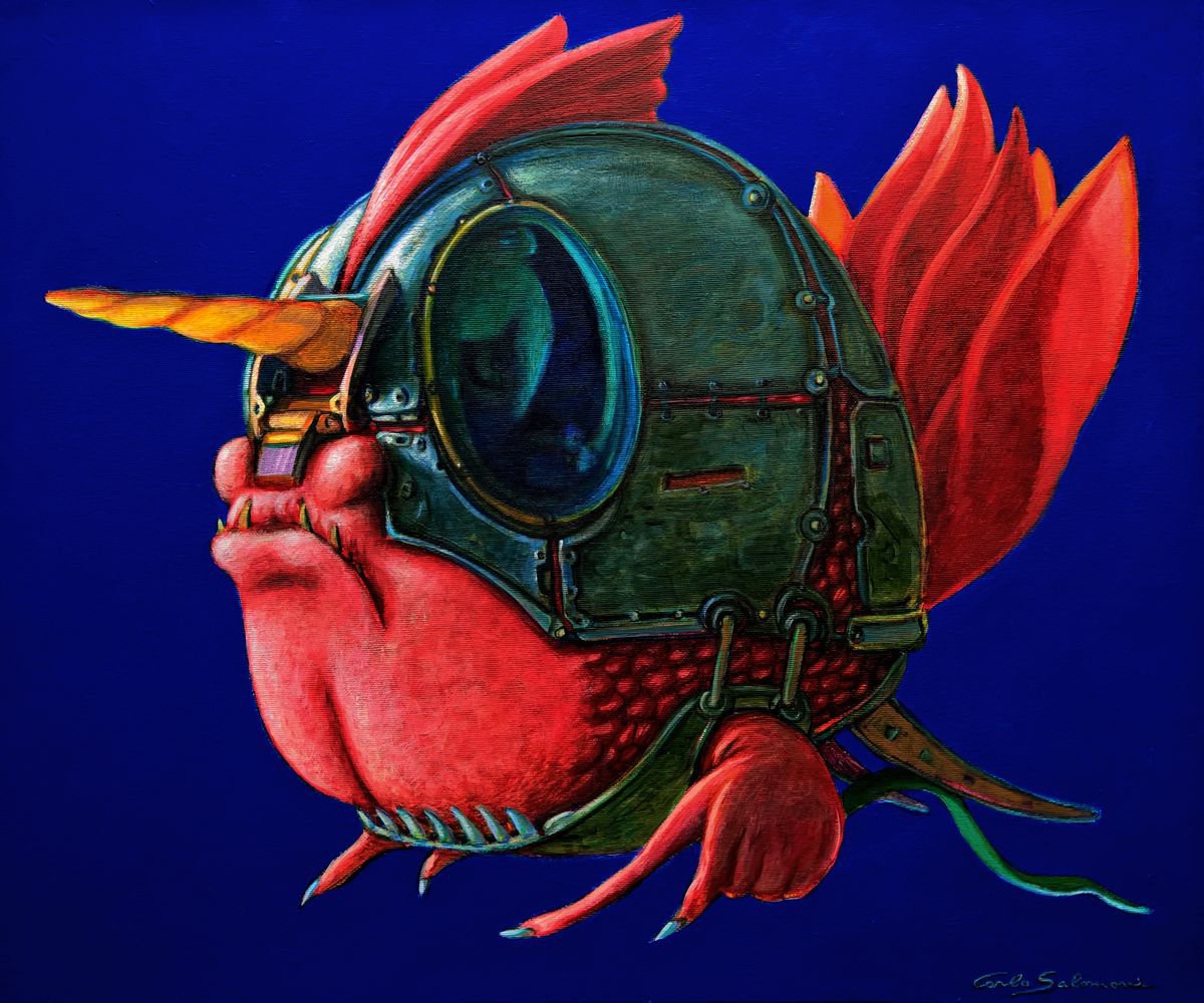 Surrealistic Animal Acrylic Painting By Carlo Salomoni, 24 X 20, - The Warrior Fish - ( 50 X 60 Cm ), Original Artwork