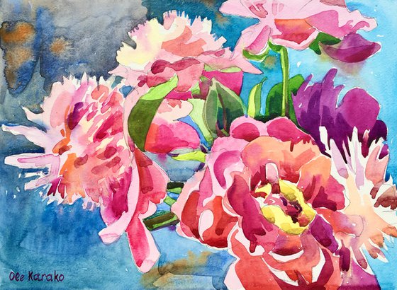 Pink and red watercolor peonies