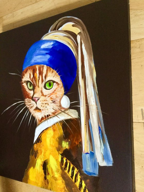 Cat with the pearl earring inspired by Vermeer painting modern home wall decor palette knife urban art feline art for cat lovers gift idea