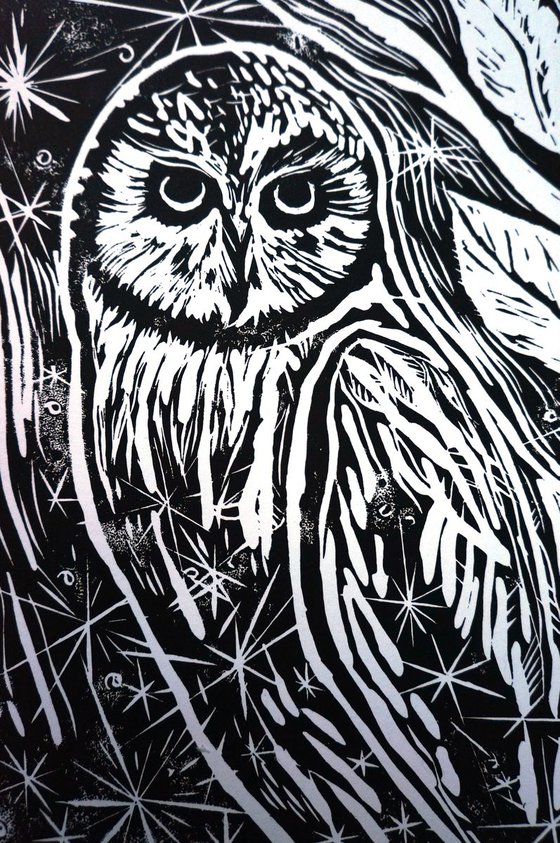 Night Owl Linocut Print