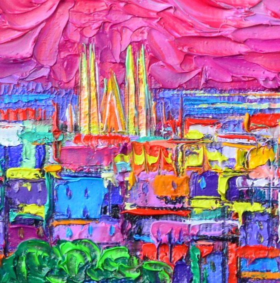 VIBRANT BARCELONA NIGHT VIEW FROM PARK GUELL abstract stylized cityscape impasto textural modern impressionist palette knife oil painting by Ana Maria Edulescu