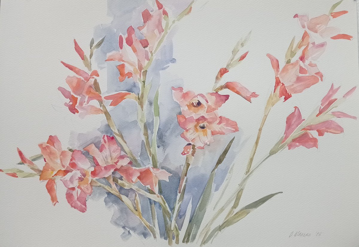 Pink glads / Original watercolor Large floral picture Gladioli flowers by Olha Malko