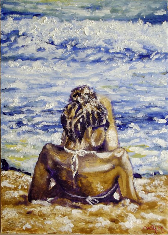 SITTING ON THE BEACH - Seascape view - Thick Oil Painting -  29.5x42 cm