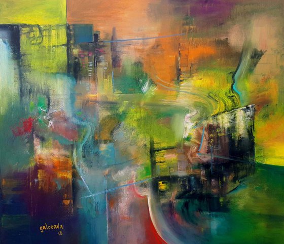 Immaterial Landscape, Home painting, Colorful art, Abstract Landscape, Blue green orange colorful oil on canvas