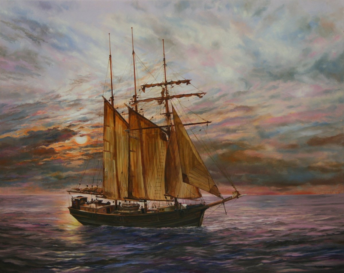 Impressionistic Landscape Oil Painting By Peter Goodhall, 38 X 32", Topsail Schooner Under An Evening Sky, Original Artwork