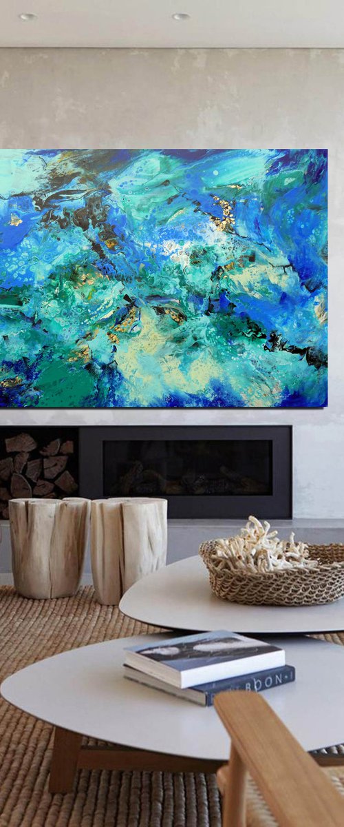 Extra large abstract painting art, with gold leaf by Areti Ampi