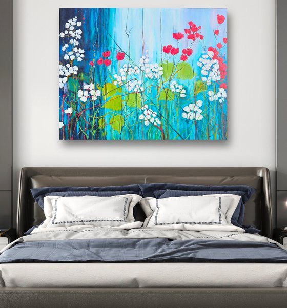 Red field poppies, blue red white abstraction