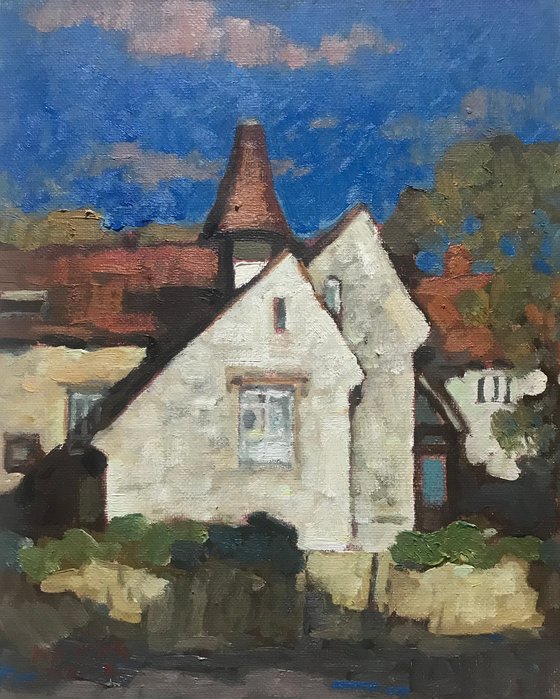 Original Oil Painting Wall Art Artwork Signed Hand Made Jixiang Dong Canvas 25cm × 30cm Red Roof Retreat small building Impressionism