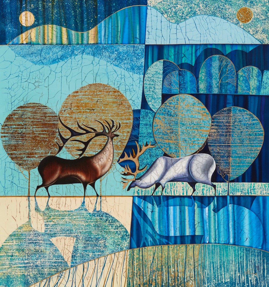 Organic Animal Acrylic Painting By Julia Ismambetova, 33 X 35", Golden & Blue, Original Artwork