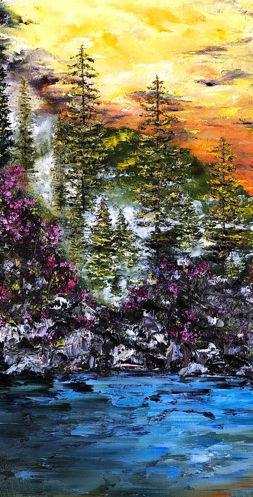 RIVER IN MOUNTAIN FORESTS - Mountain river. Forest. Scarlet sunset. Stones. thickets. Pines. Evening. Sky. by Marina Skromova