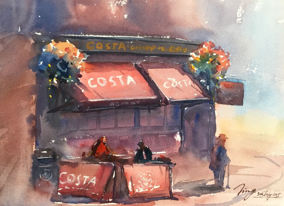 Impressionistic Cityscapes Watercolour By Jing Chen, 12 X 9, Coffee Shop 3, Original Artwork