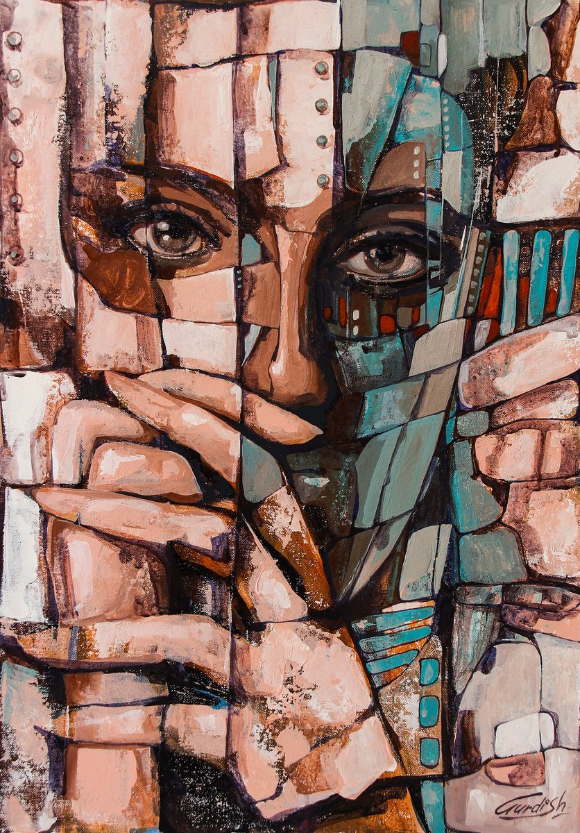 Abstract Portrait Acrylic Painting By Artist Gurdish Pannu, 18 X 26, Twinkling Eyes- Figurative Art, Original Artwork