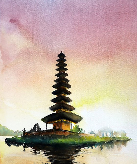 Pura Batur Temple, Bali - Original Watercolor Painting