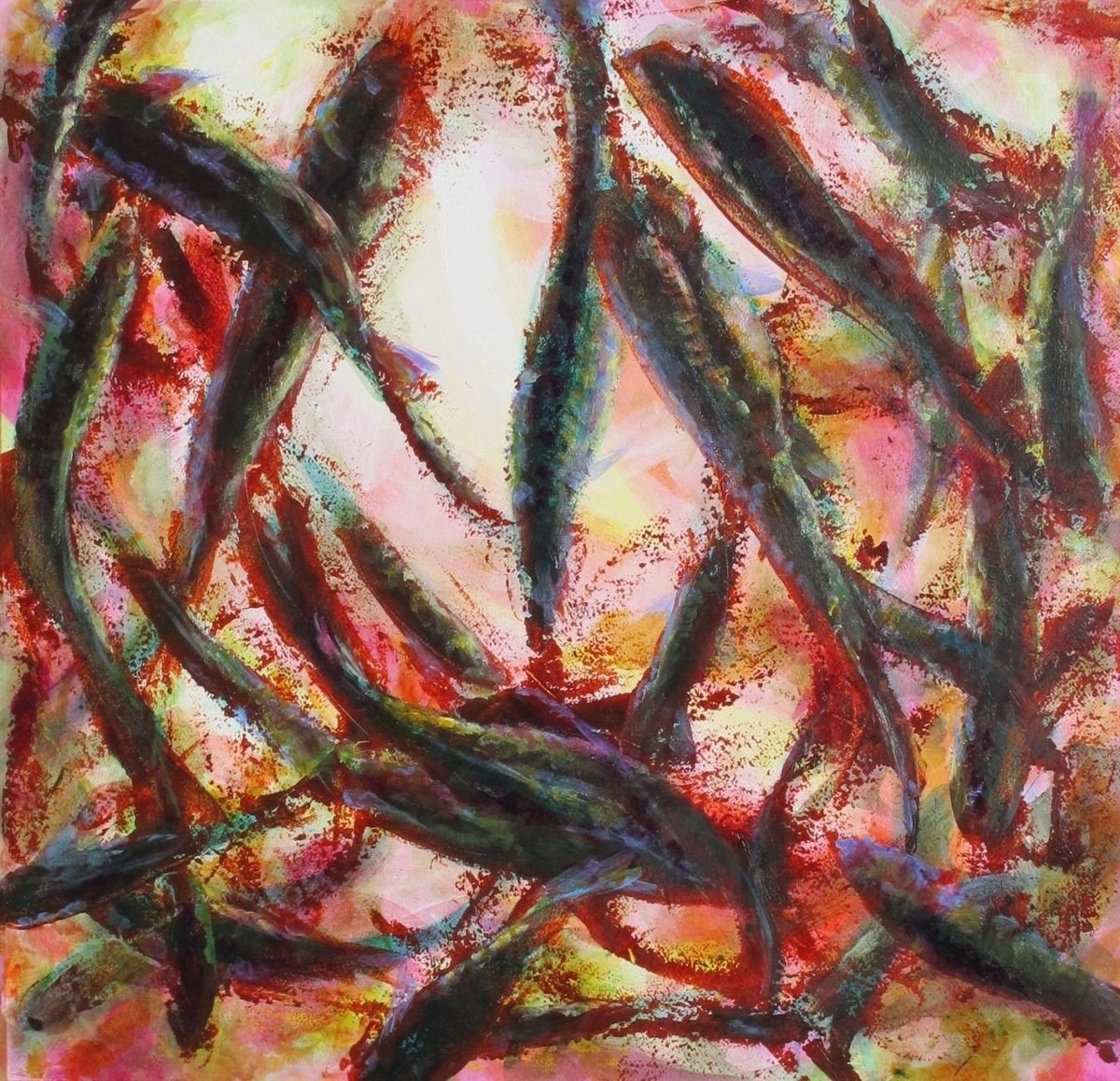 Abstract Animal Acrylic Painting By Fabienne Monestier, 28 X 28, Fishes #7, Original Artwork