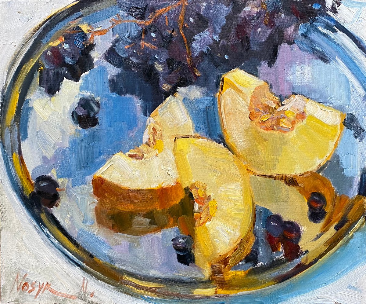 Impressionistic Still Life Oil Painting By Nataliia Nosyk, 24 X 20", Melon And Sky, Original Artwork