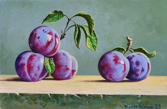 Still life -  plums (20x30cm, oil painting, ready to hang)
