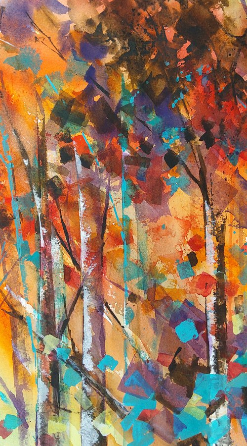 Autumnal landscape painting, Autumn Glow, Autumn Wall Art, Original Art, Watercolour Painting by Anjana Cawdell