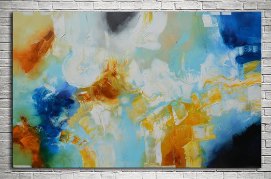 Blue abstract painting - Cool Rush - blue, yellow and white abstract painting