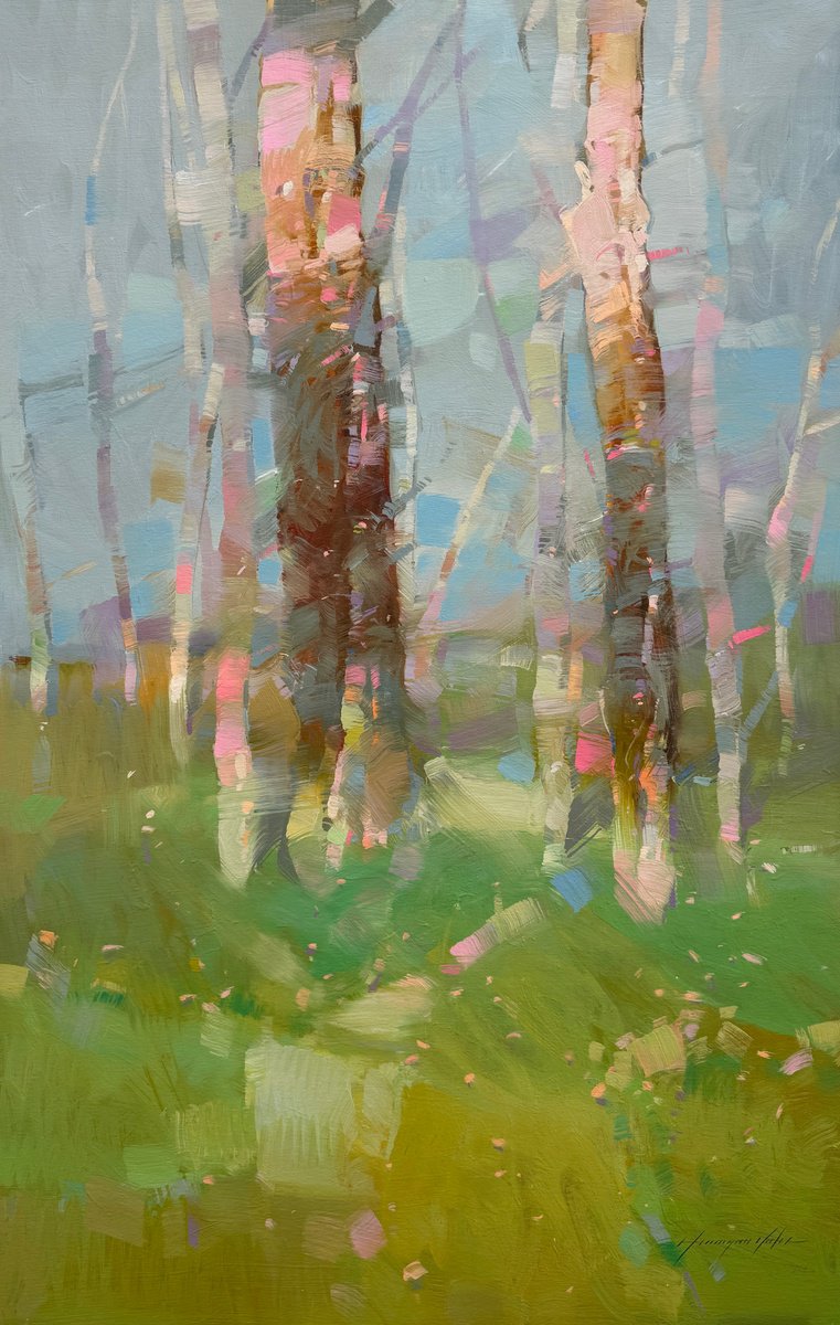 Impressionistic Landscape Oil Painting By Vahe Yeremyan, 25 X 40", Oak Trees, Original Artwork