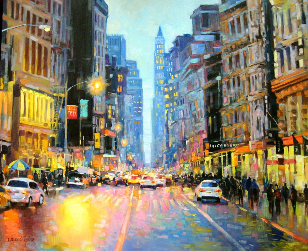 Impressionistic Cityscapes Oil Painting By Vladimir Lutsevich, 24 X 20", Evening City New York, Original Artwork