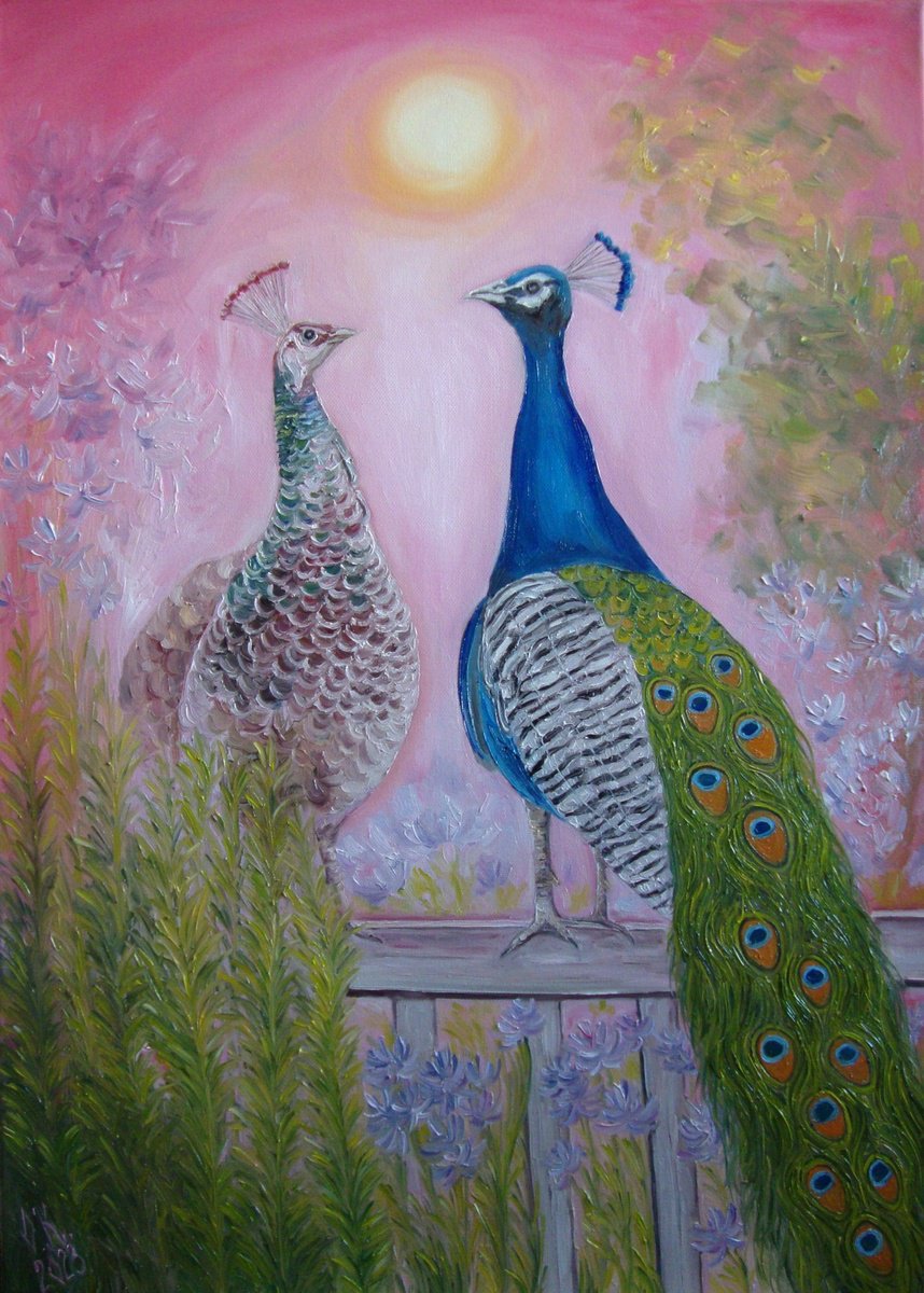 Impressionistic Animal Oil Painting By Olga Knezevic, 20 X 28", Pair Of Peacocks, Original Artwork