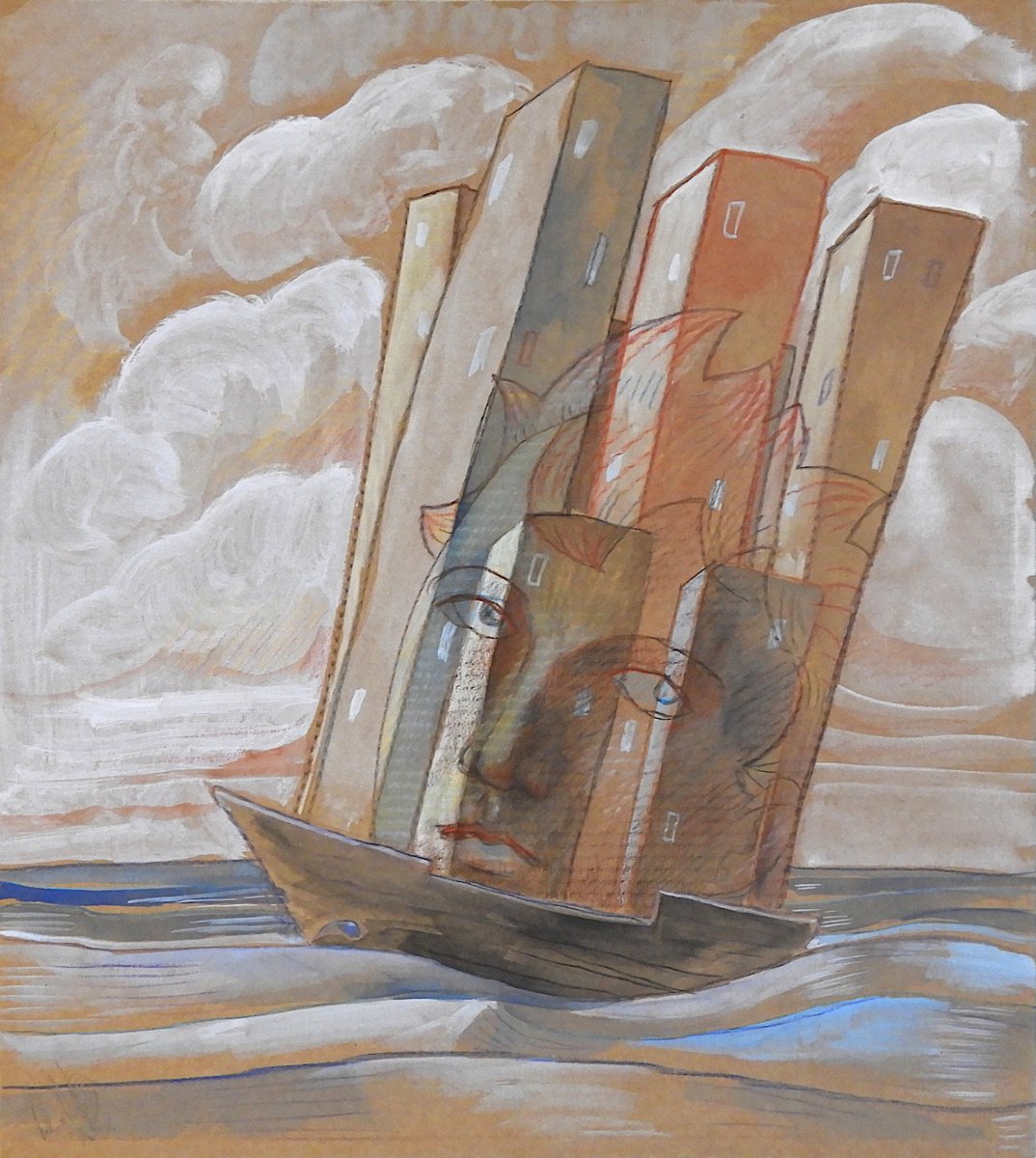 Illustrative Landscape Pastel Drawing By Paolo Beneforti, 12 X 13", Sailing Again, Original Artwork